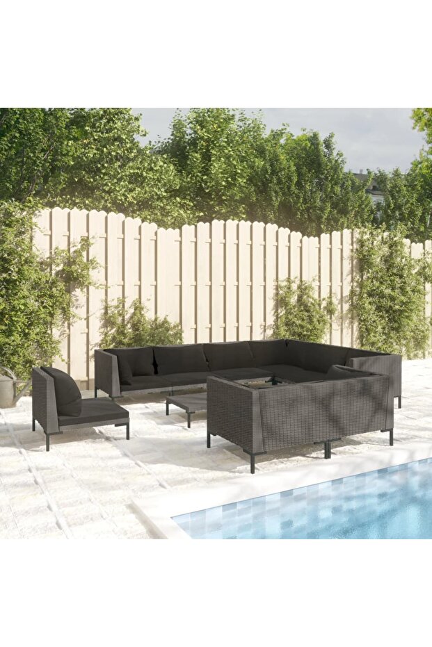 10 Piece Garden Lounge Set with Cushions Poly Rattan Dark Grey