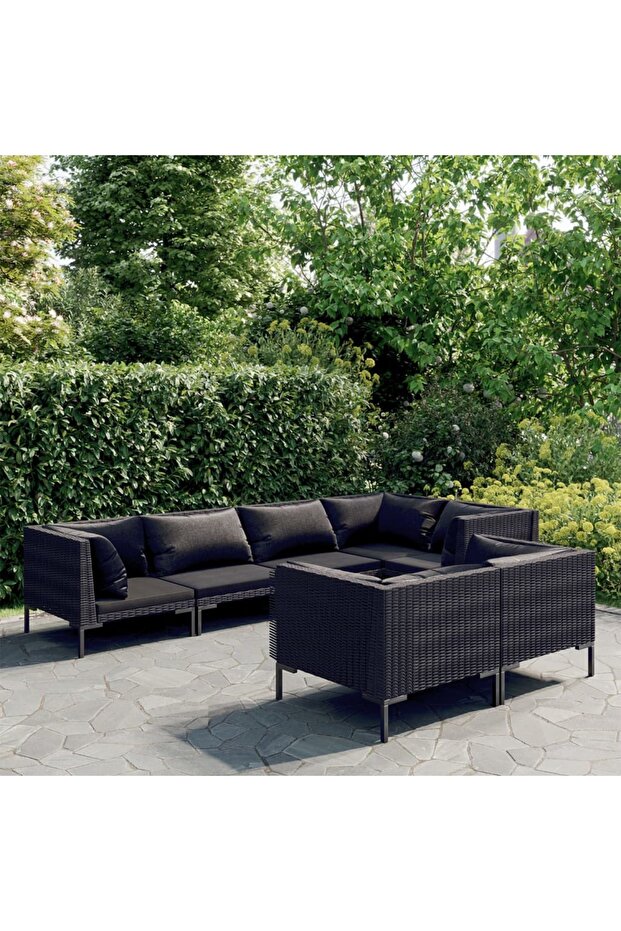 7 Piece Garden Lounge Set with Cushions Poly Rattan Dark Grey