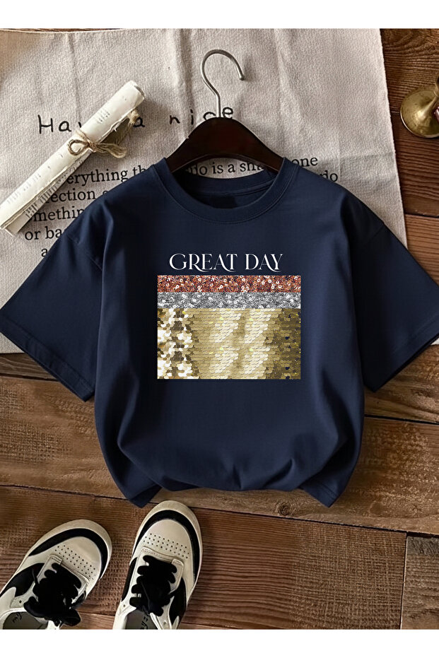 Women's Gold Sequin Embroidered Printed Crew Neck Navy Blue T-Shirt
