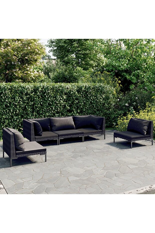 5 Piece Garden Lounge Set with Cushions Poly Rattan Dark Grey