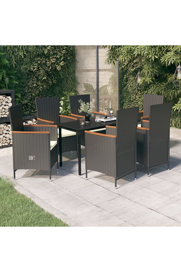 7 Piece Garden Dining Set with Cushions Black