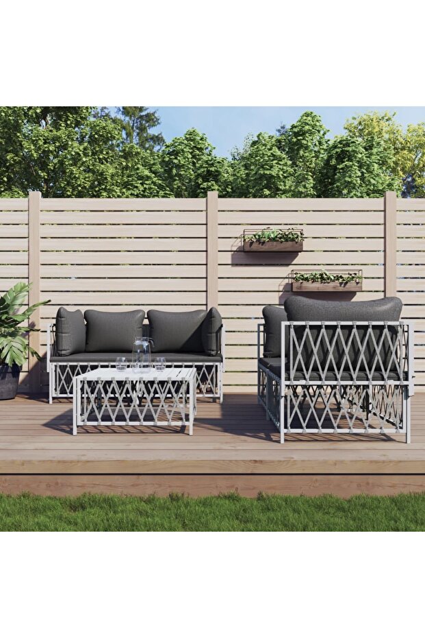 5 Piece Garden Lounge Set with Cushions White Steel