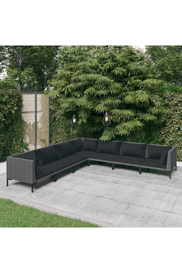 7 Piece Garden Lounge Set with Cushions Poly Rattan Dark Grey