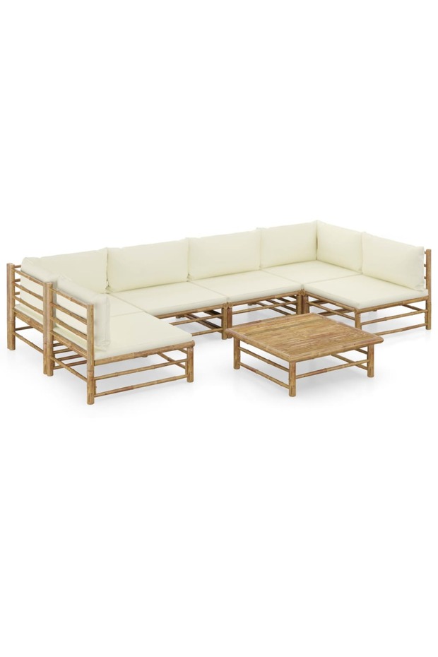 7 Piece Garden Lounge Set with Cream White Cushions Bamboo