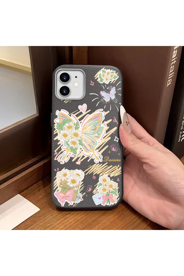 iPhone 11 Compatible Gray Leather Textured Silicone Protects Camera Shock Absorbing Case Butterfly