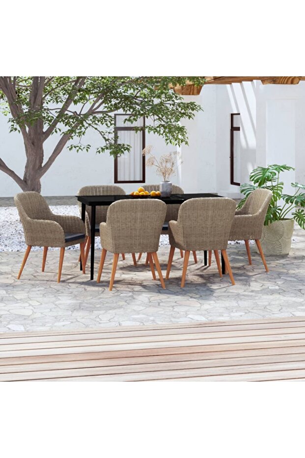 7 Piece Garden Dining Set with Cushions Brown