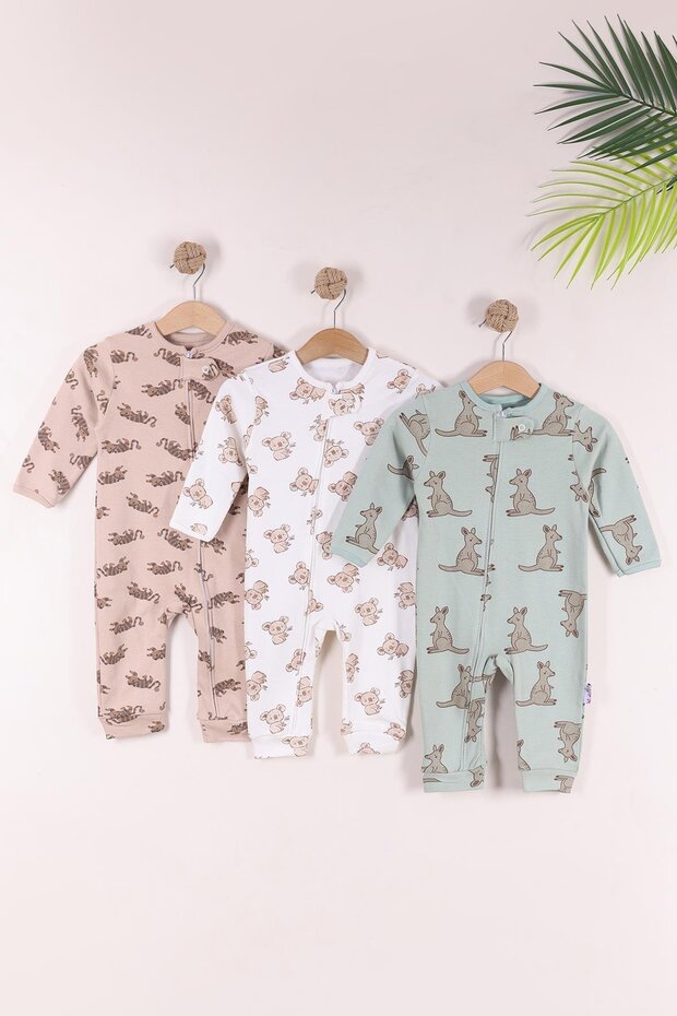 Brown Koala Baby Boy Jumpsuit with Zipper, Set of 3, Cotton, 9-12-18 Months