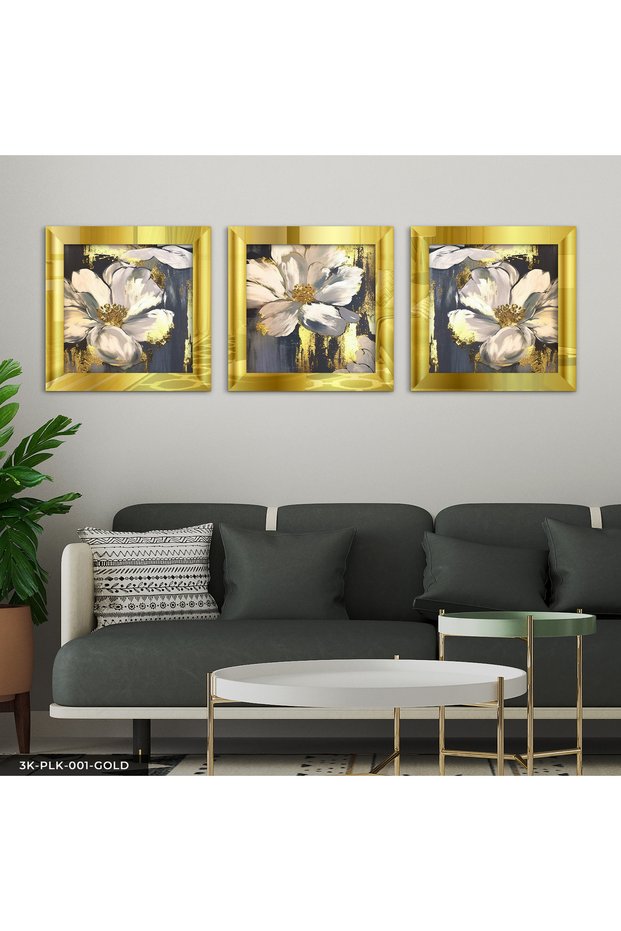 White Flower with Gold Detail 3 Piece Gold Plexi Mirrored Framed Painting