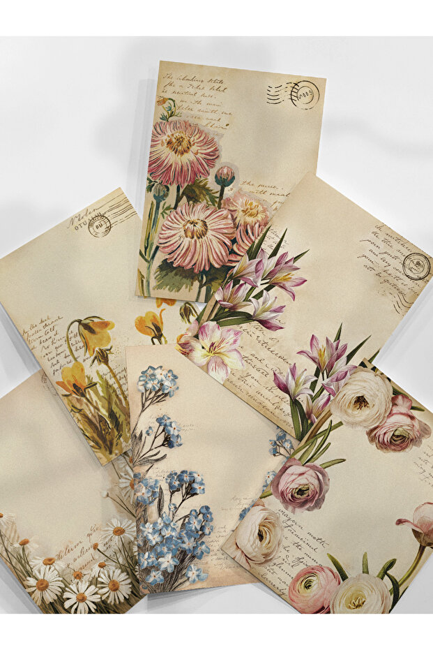 Henno A6 (10,5x14,8 cm) 6'lı Vintage Çiçekli El Yazısı Detaylı Scrapbook Mektup Kağıdı Seti