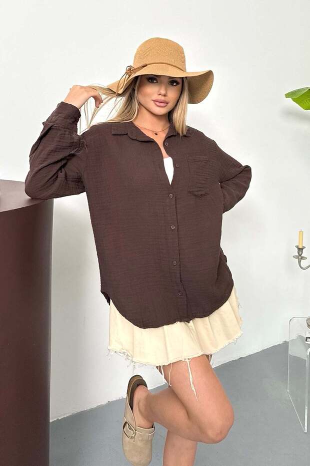 Women's Long Sleeve Single Pocket 100% Cotton Shirt Brown - 26Y 2026