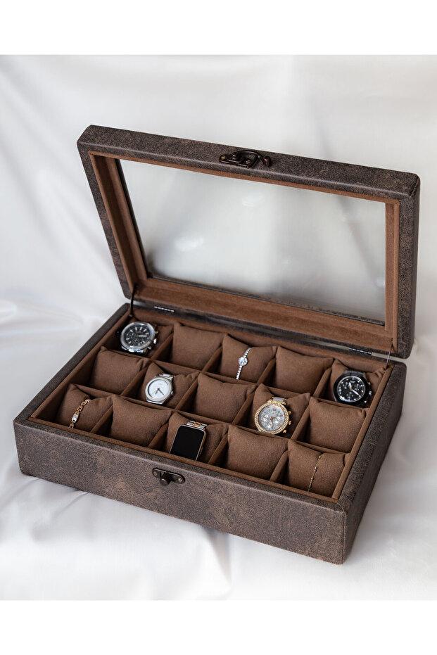Handmade 15-Piece Premium Watch Box, Nubuck Fabric Covered, Special Design with Glass, Accessory Organizer