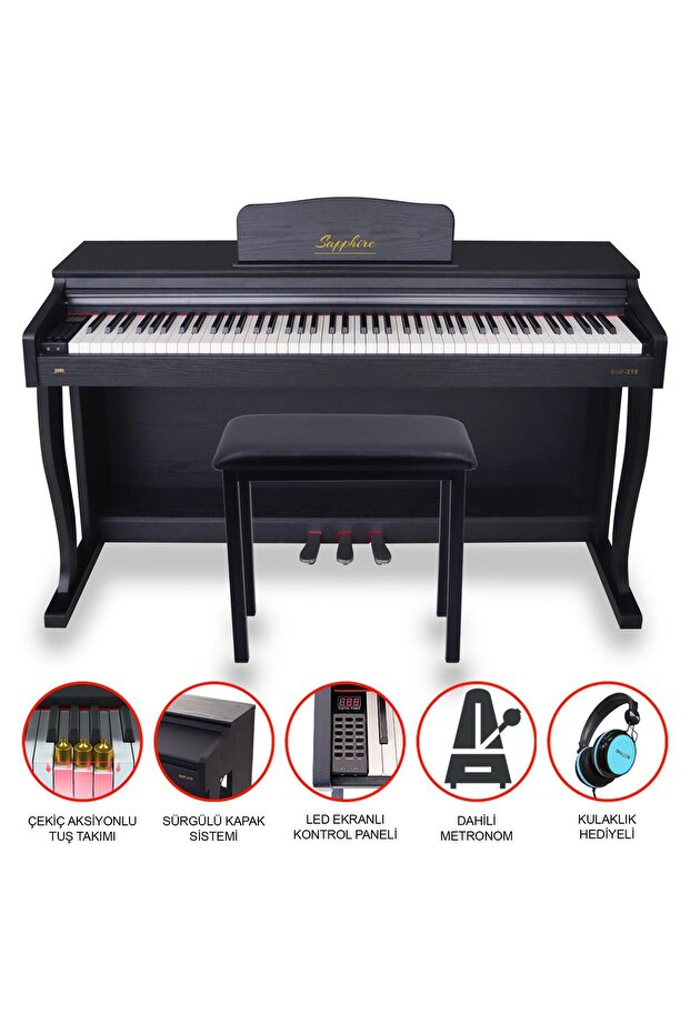 SAPPHIRE Jwin SDP-215 Çekiç Aksiyonlu 88 Tuşlu Dijital Piyano + Tabure - Siyah