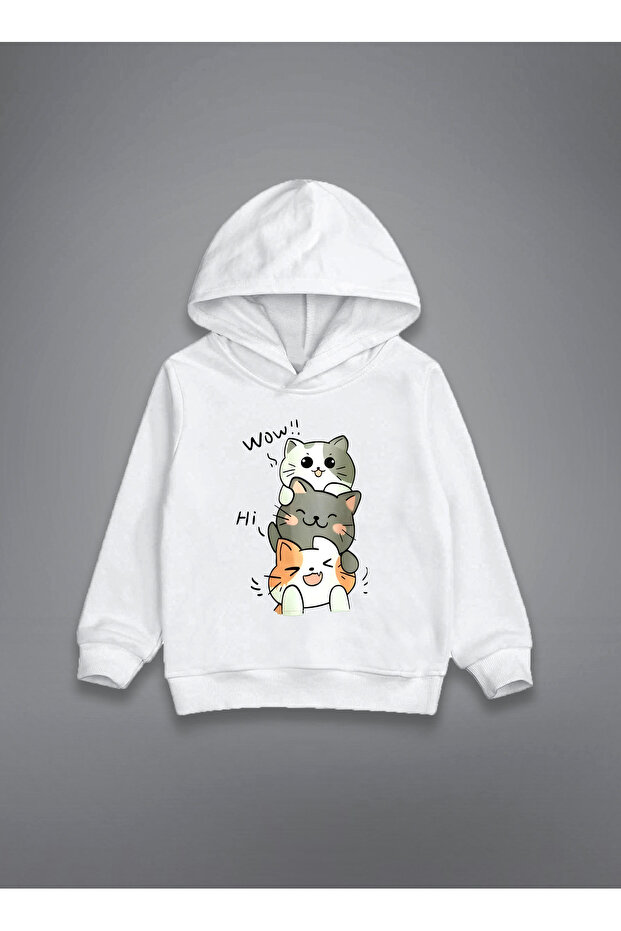 Kedares Cat Printed White Children's Hooded Sweatshirt