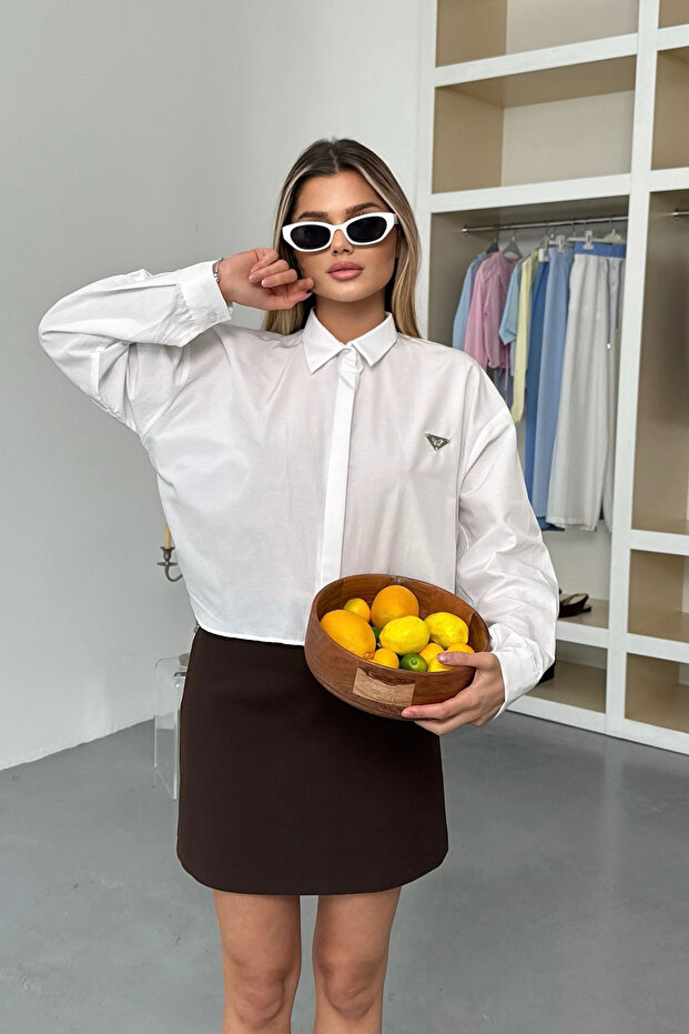 Women's Long Sleeve Accessory Detail Cropped Shirt White - 26Y 2126