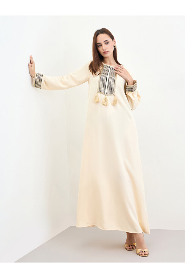 Women Cream Embroidered Tasselled Jalabiya