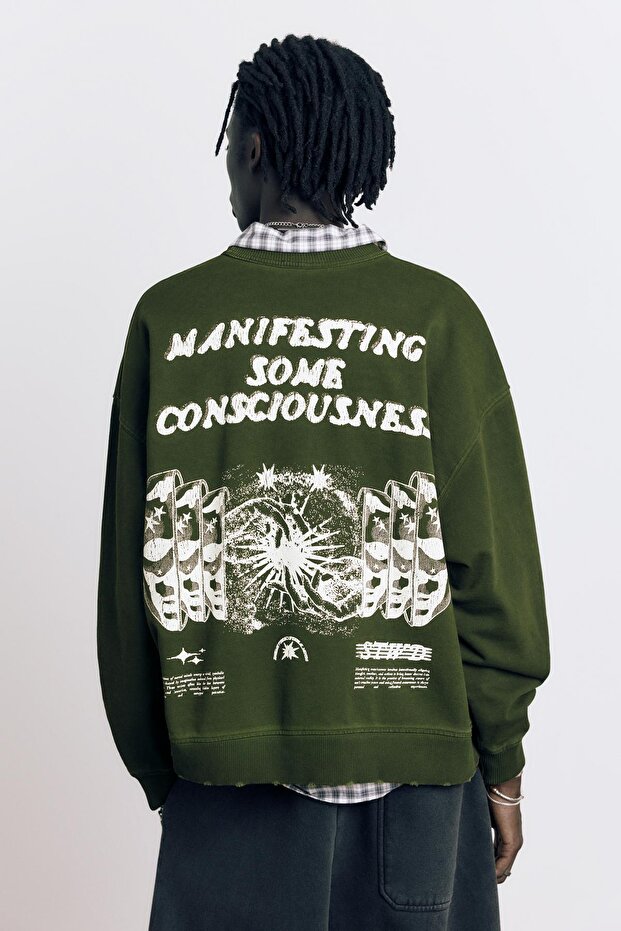 Asit yeşili grafik baskılı sweatshirt - 5