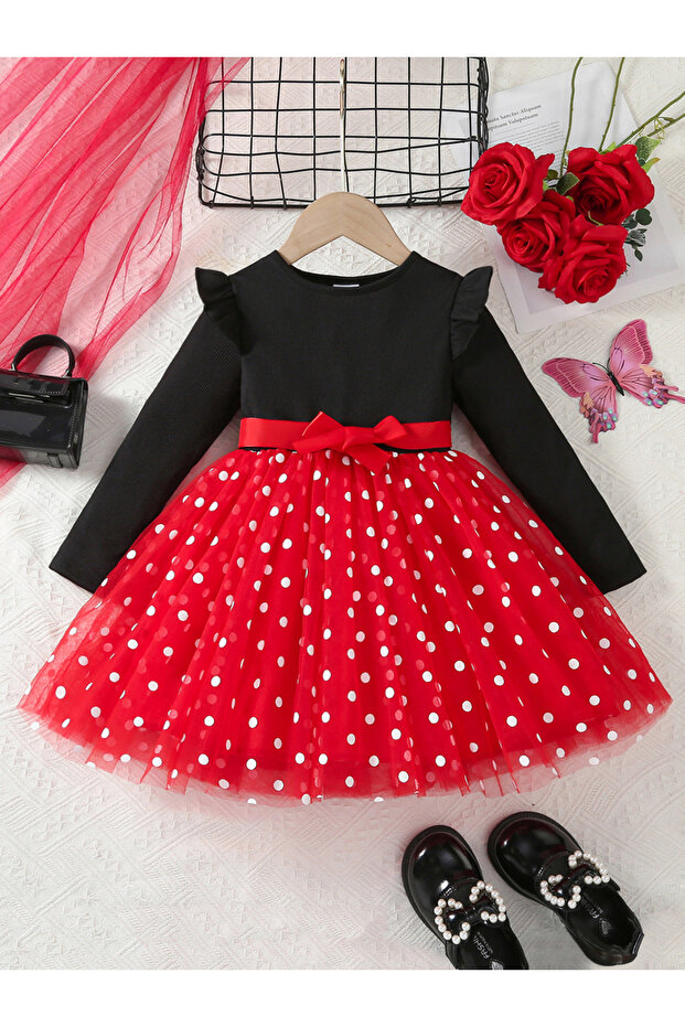 Girls Bow Detail Polka Dots Printed Mesh Hem Dress