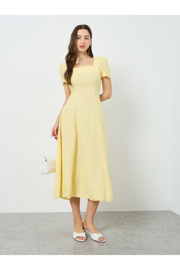 Women Yellow Textured Square Neck Fitted Waist Midi Dress