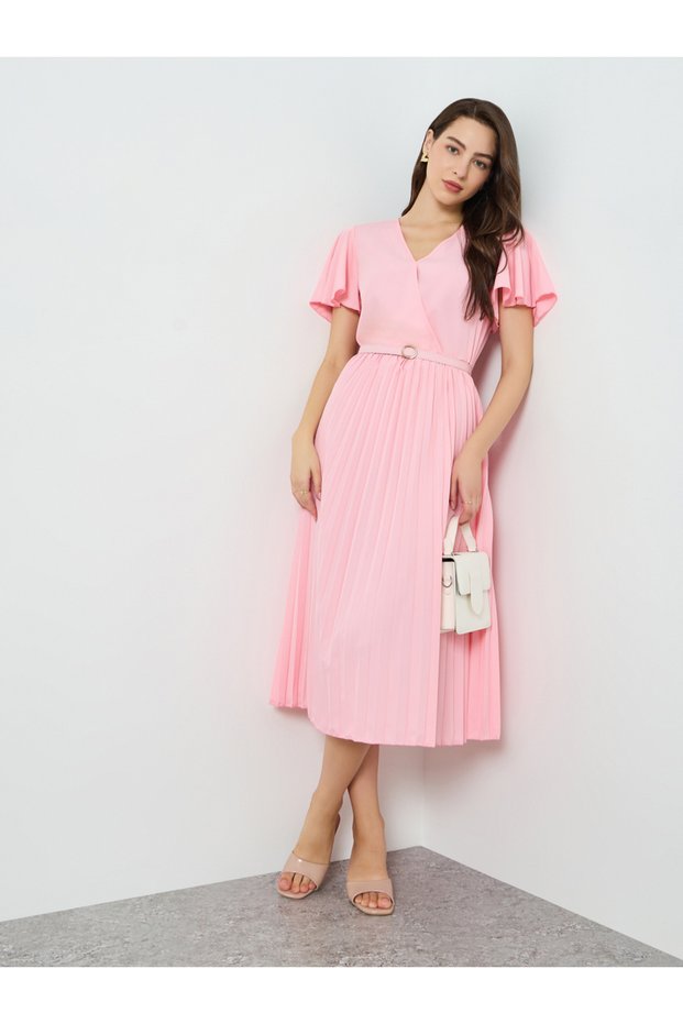 Women Pink Frill Sleeve Pleated Midi Dress