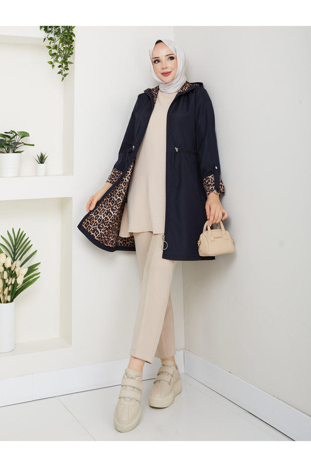 Leopard Print Inside Detail K Hooded Elastic Waist Trench Coat Mde905010