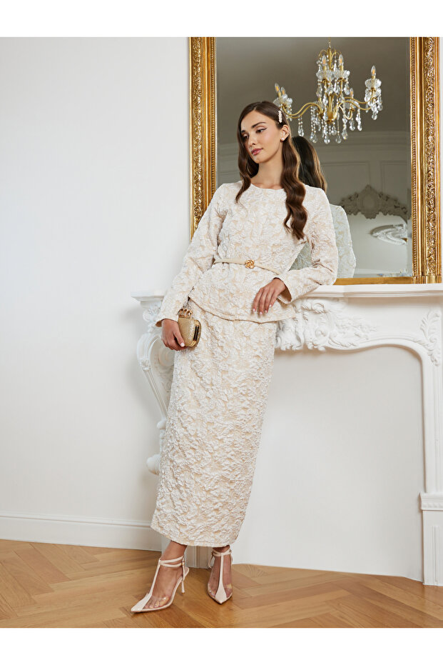 Women Floral Jacquard Belted Top and Skirt Co-Ords