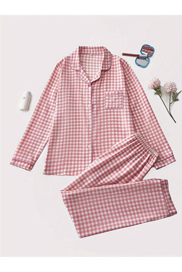 Women Pink Checkered Long Sleeve Shirt and Pyjama Set