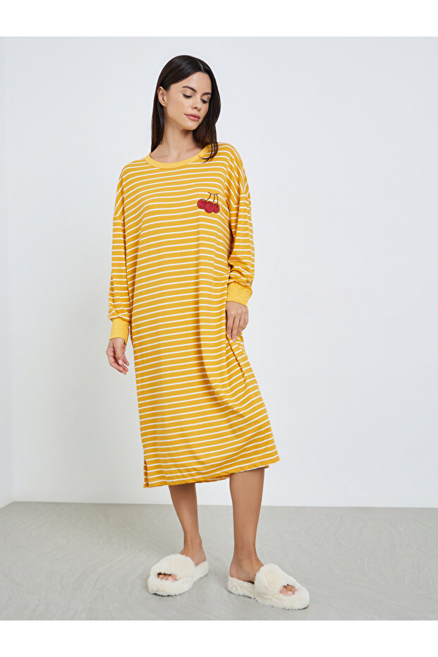 Women Yellow Stripes Embroidered Nightdress