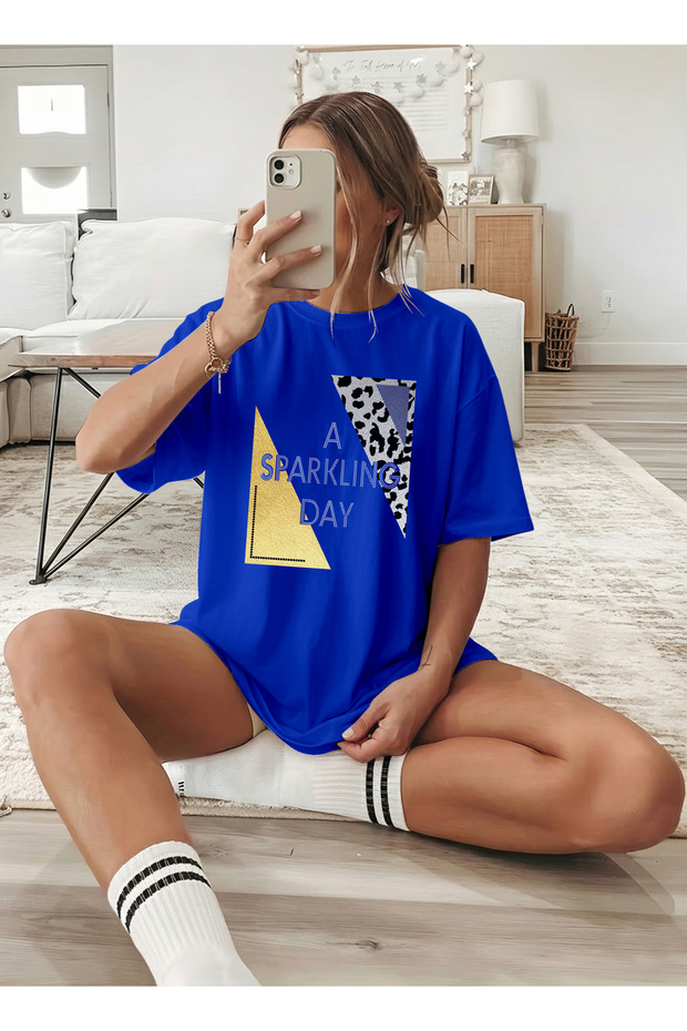 Women's Leopard and Gold Printed Crew Neck Cobalt Blue T-Shirt