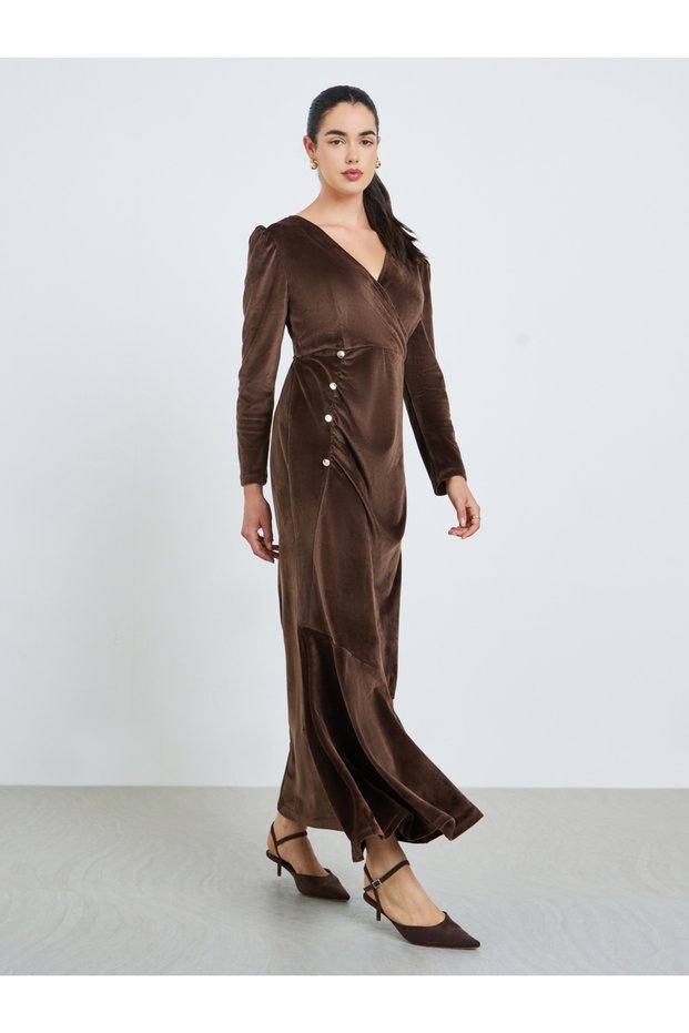 Women Brown Velvet Look Maxi Dress with Button Detail