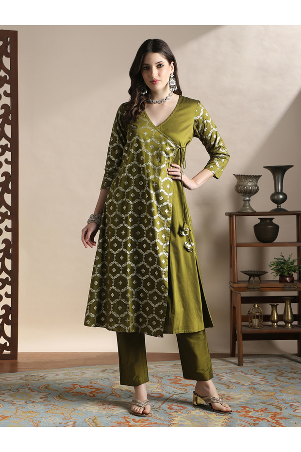 Women Olive V-Neck Floral Foil Print Kurta with Pants Set