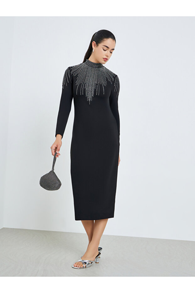 Women Black Embellished Sheath Midi Dress