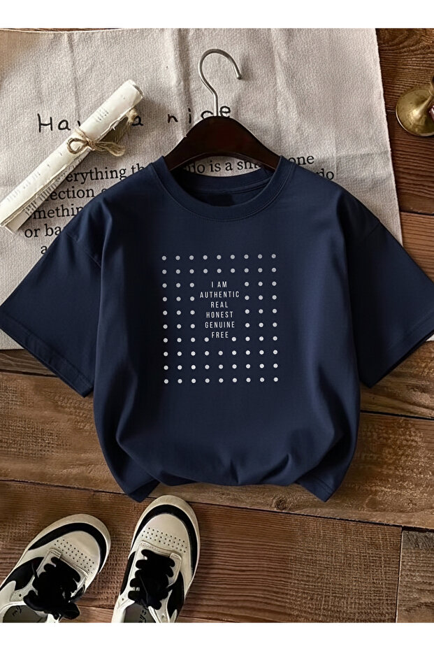 Women's Sparkling Dot Detailed Crew Neck Navy Blue T-Shirt