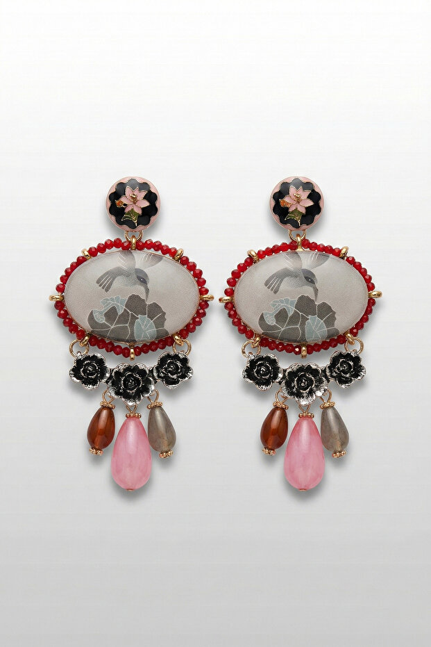 Bohemian Earrings with Bird and Flower Figures, Red Beaded, Vintage Design, Ethnic Dangle