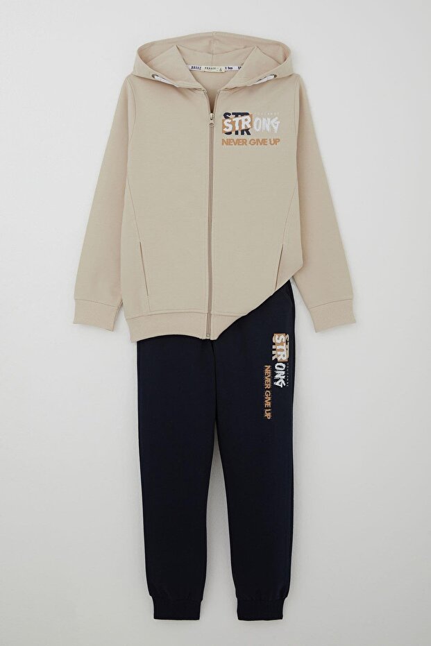Boy's Tracksuit Set Hooded Summer Printed Pockets 8-14 Years Old, Beige