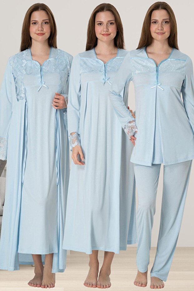 Maternity Pajamas and Nightgown Set, Complete 4-Piece Set