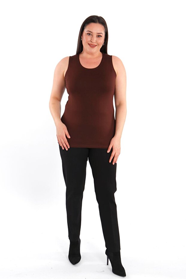 Plus Size Wide Strap Basic Brown Blouse (T-Shirt) - 2