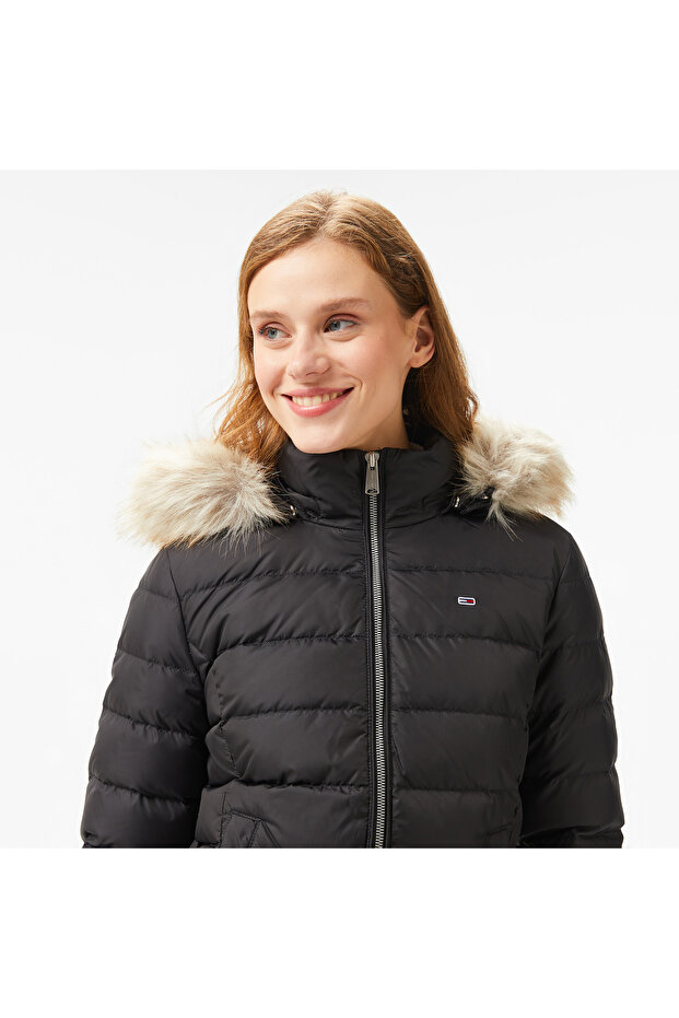 Jeans Basıc Hooded Down Kadın Siyah Ceket - 5