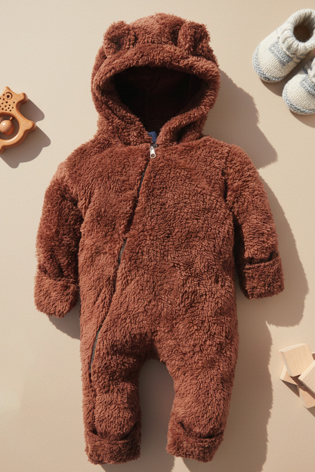 X İpek Atlas Baby Girl and Boy Plush Brown Bear Jumpsuit