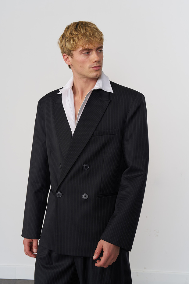 Wool Blend Striped Double-Breasted Jacket - 2