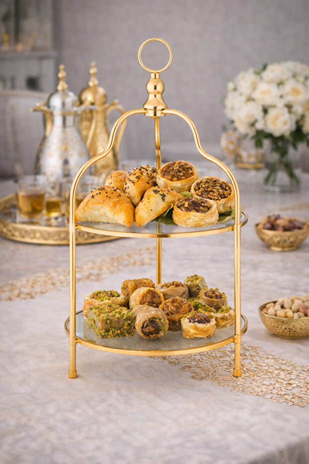 ✨ حامل تقديم ذهبي فاخر ✨ دورين أنيقين | مقاس 25×45 سم 🍰