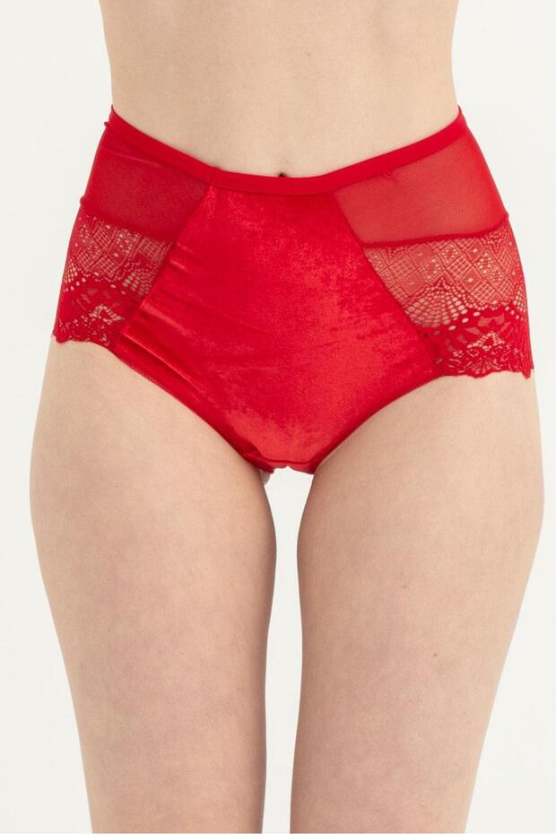 Women's Red High Waist Front Velvet Side Band Top Tulle Bikini