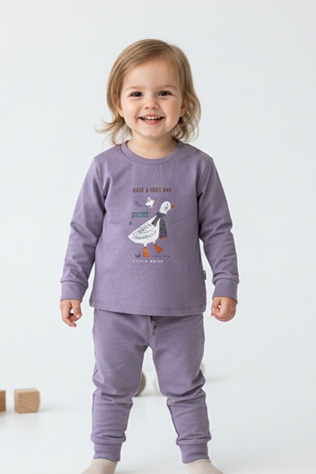 Unisex Baby & Kids Tracksuit Set Cotton Stretch Fabric Cute Goose Printed Lilac 2-Piece Bottom and Top Set