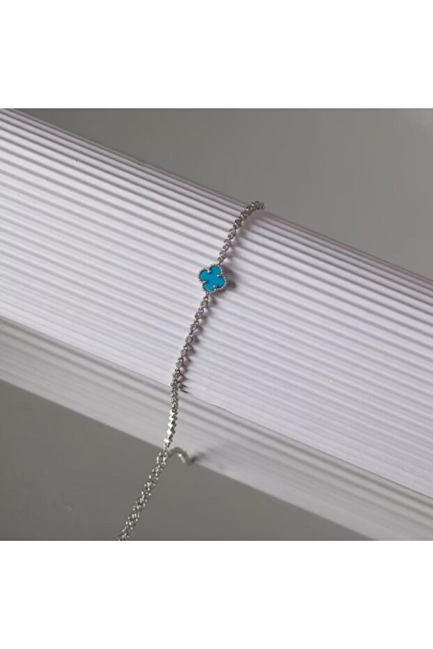 Four-Leaf Clover Figured Blue Stone Steel Bracelet - Stainless Silver Color Luck Bracelet