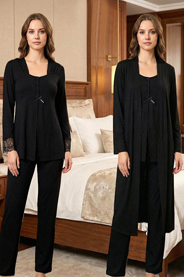 100% Cotton Long Dressing Gown with Lace Detail Maternity Pajama Set