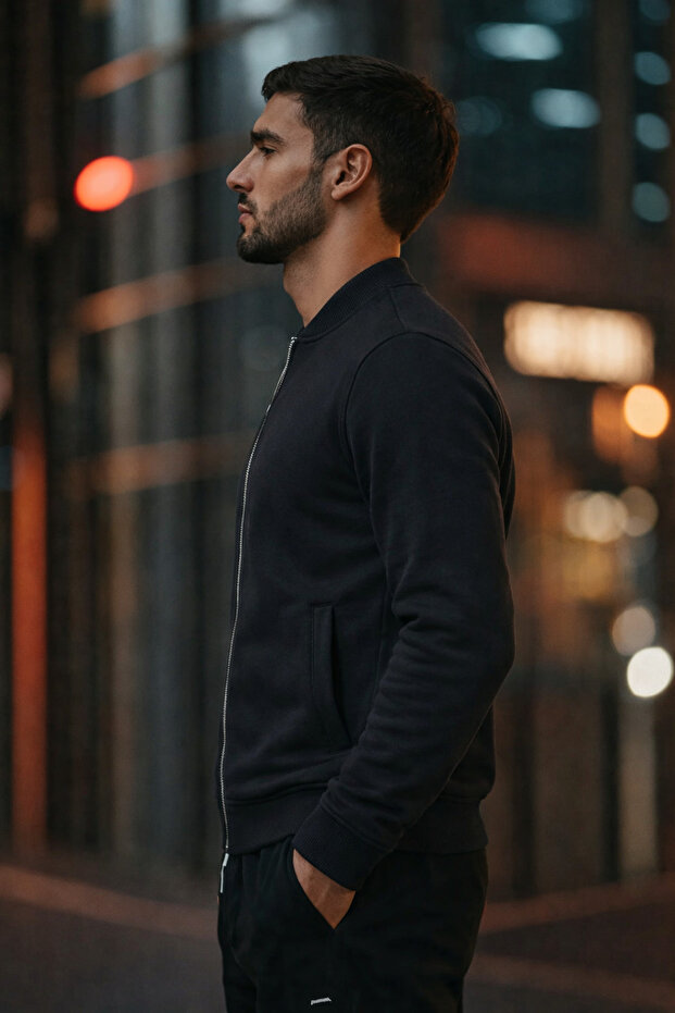 Men's Zippered Basic Black College Jacket - 3