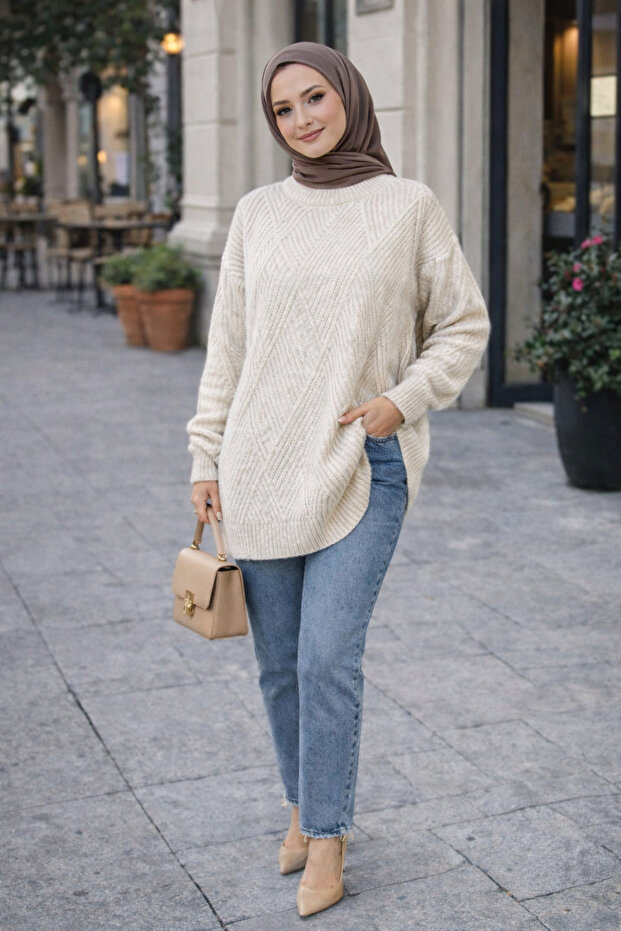 Embossed Asymmetrical Striped Knitwear Tunic Sweater