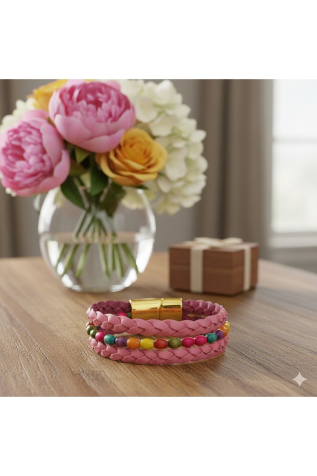 Pink Braided Leather Women's Bracelet – Colorful Beaded, Handmade Design with Gold Magnetic Clasp
