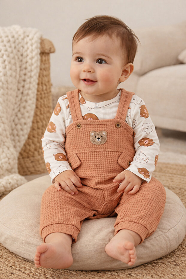 Men's Teddy Bear Patterned Waffle Fabric Printed Long Sleeve Brown Baby Romper Set