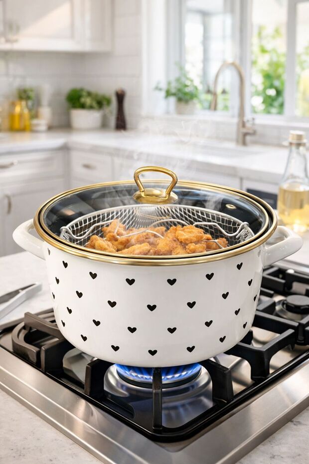Black Heart Enamel Frying Pan with Glass Lid, Frying Pot with Strainer