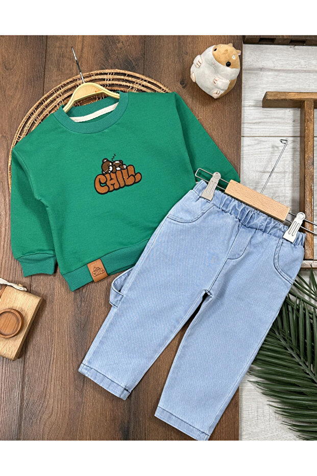 Embroidered Crest Detailed Stretch Fabric Jeans Pants Baby Boy/Child Set